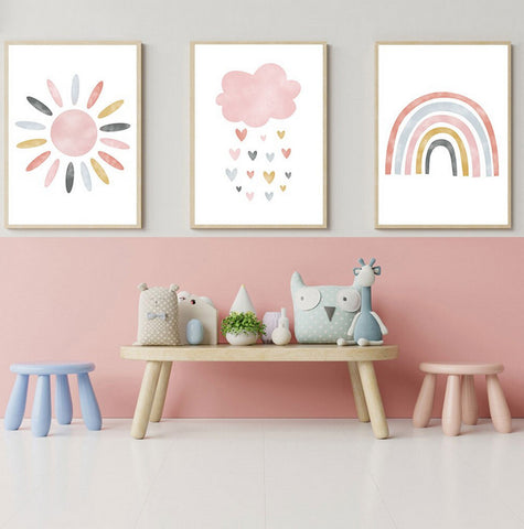TPFLiving Poster Leinwand / Sonne, Wolken, Herzen, Regenbogen für Kinderzimmer - Auch im 3er Set / Verschiedene Größen - OHNE Rahmen - Modell k4231