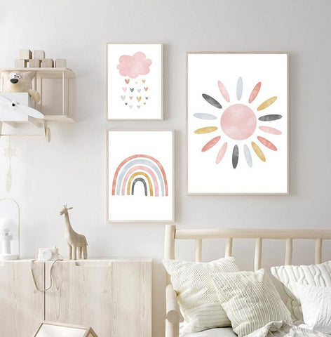 TPFLiving Poster Leinwand / Sonne, Wolken, Herzen, Regenbogen für Kinderzimmer - Auch im 3er Set / Verschiedene Größen - OHNE Rahmen - Modell b3019
