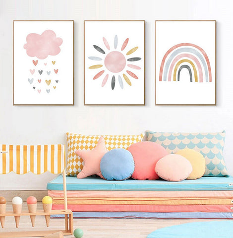 TPFLiving Poster Leinwand / Sonne, Wolken, Herzen, Regenbogen für Kinderzimmer - Auch im 3er Set / Verschiedene Größen - OHNE Rahmen - Modell k4230
