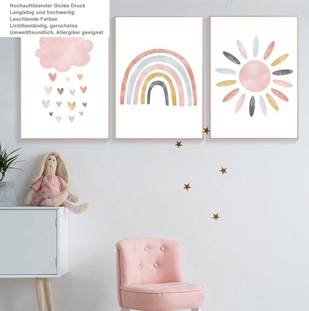 TPFLiving Poster Leinwand / Sonne, Wolken, Herzen, Regenbogen für Kinderzimmer - Auch im 3er Set / Verschiedene Größen - OHNE Rahmen - Modell k4236