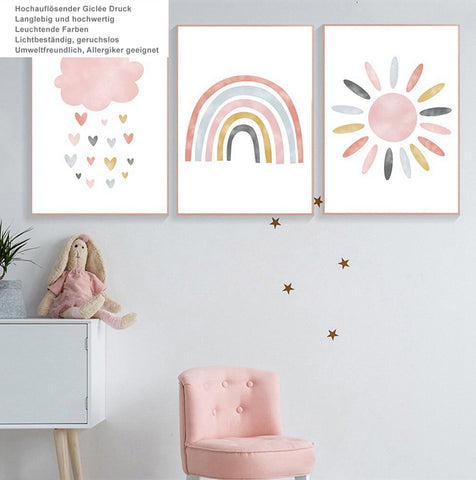 TPFLiving Poster Leinwand / Sonne, Wolken, Herzen, Regenbogen für Kinderzimmer - Auch im 3er Set / Verschiedene Größen - OHNE Rahmen - Modell b3018