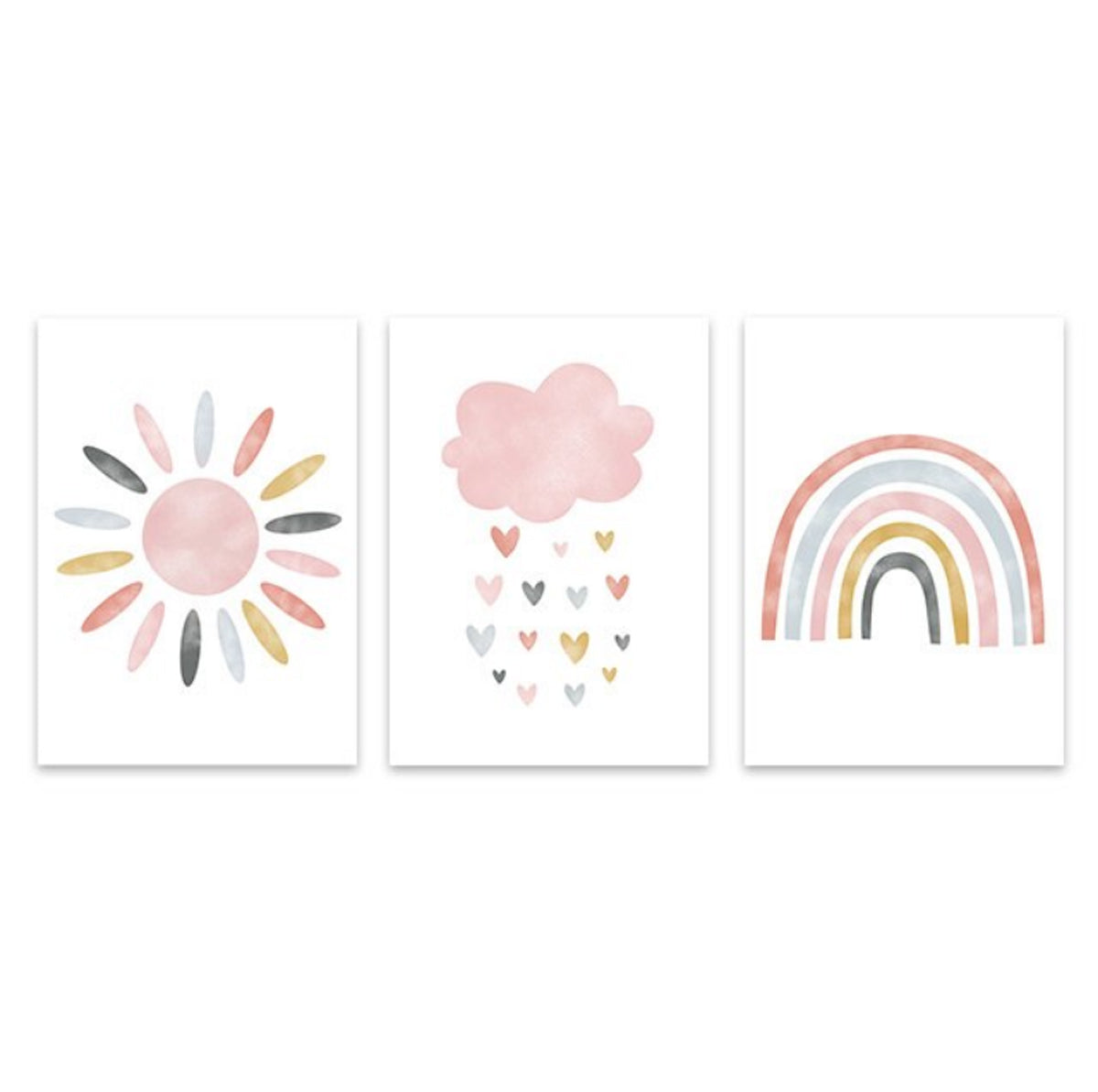 TPFLiving Poster Leinwand / Sonne, Wolken, Herzen, Regenbogen für Kinderzimmer - Auch im 3er Set / Verschiedene Größen - OHNE Rahmen - Modell k4230-k4231-k4236