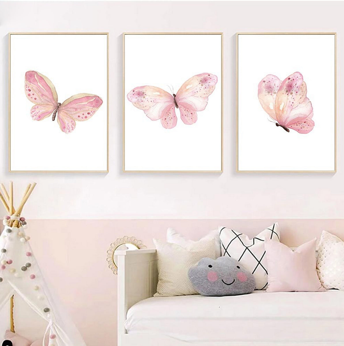 TPFLiving Poster Leinwand / Rosa Schmetterlinge für Kinderzimmer - Auch im 3er Set / Verschiedene Größen - OHNE Rahmen - Modell b1735