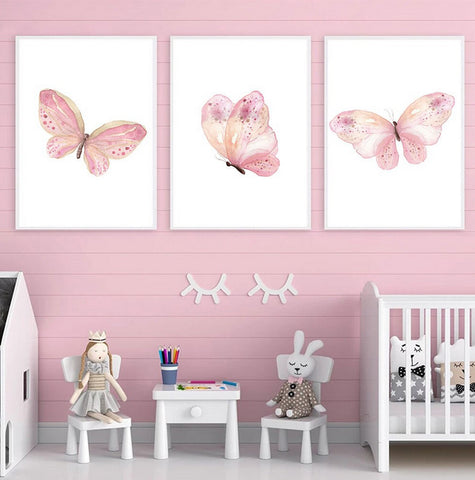 TPFLiving Poster Leinwand / Rosa Schmetterlinge für Kinderzimmer - Auch im 3er Set / Verschiedene Größen - OHNE Rahmen - Modell b1737
