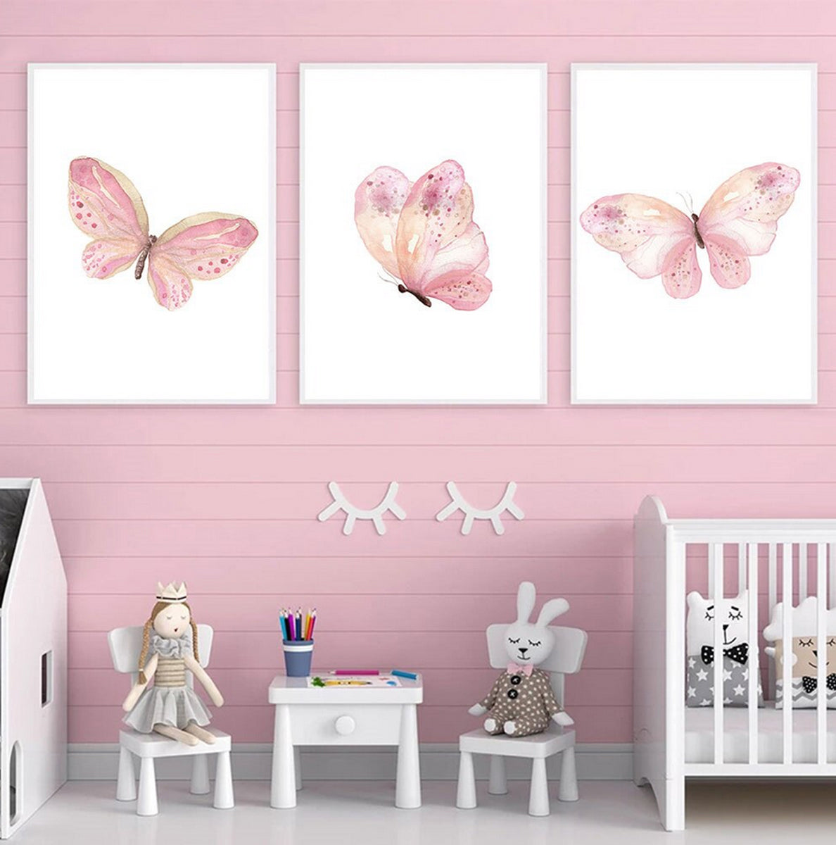 TPFLiving Poster Leinwand / Rosa Schmetterlinge für Kinderzimmer - Auch im 3er Set / Verschiedene Größen - OHNE Rahmen - Modell b1735-b1736-b1737