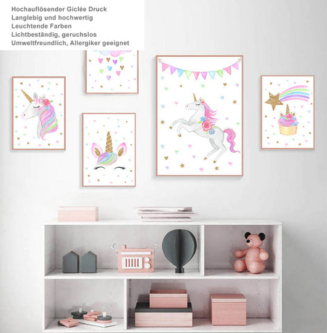 TPFLiving Poster Leinwand / Einhorn, Regenbogen, Sterne, Herz - Für Kinderzimmer - / Verschiedene Größen - OHNE Rahmen - Modell D