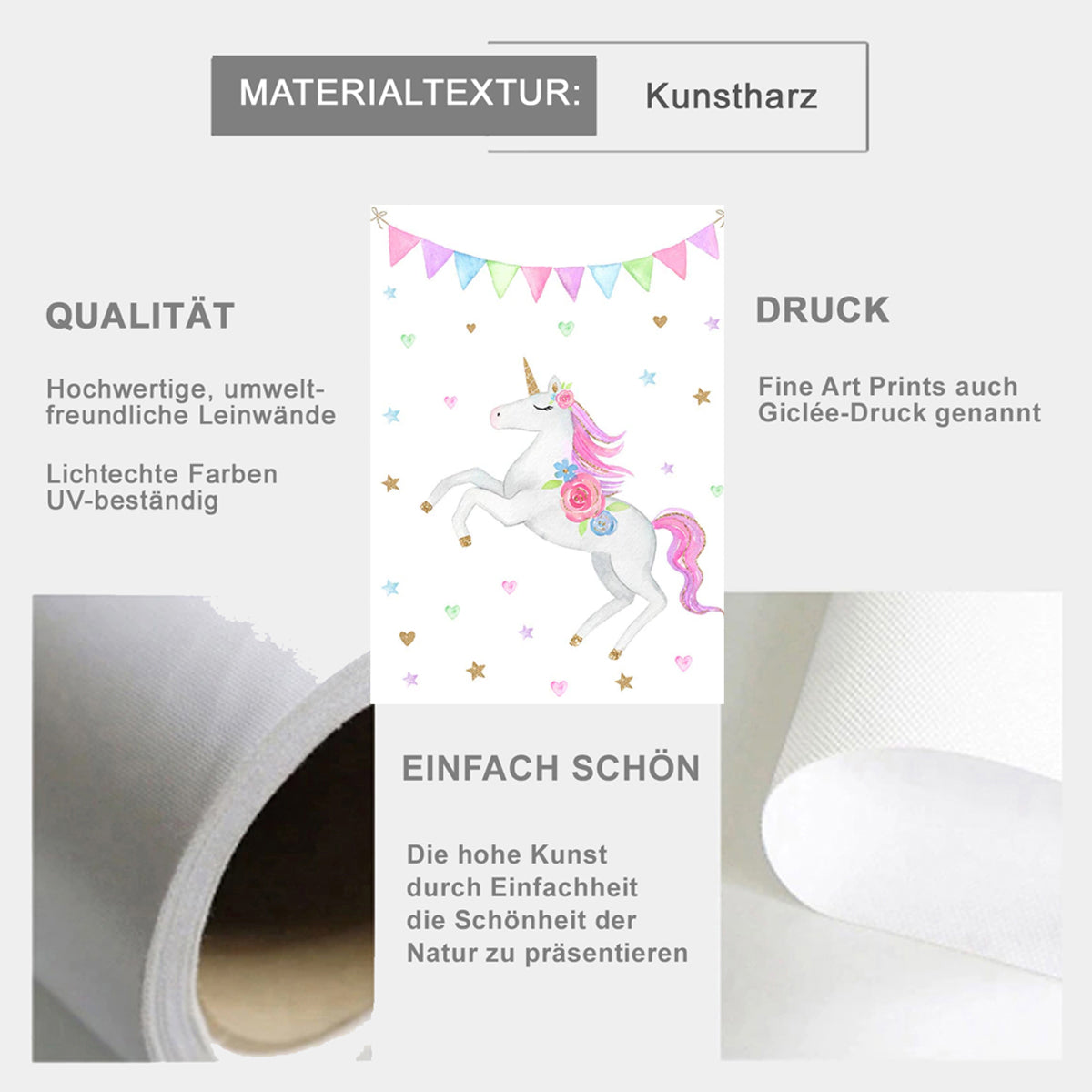 TPFLiving Poster Leinwand / Einhorn, Regenbogen, Sterne, Herz - Für Kinderzimmer - / Verschiedene Größen - OHNE Rahmen - Modell B