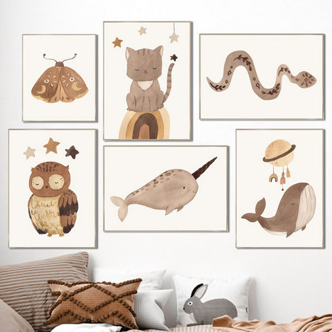 TPFLiving Poster Leinwand / Kinderzimmer Bild - Katze, Eule, Wal, Schlange, Fliege - / Verschiedene Größen - OHNE Rahmen - Modell F