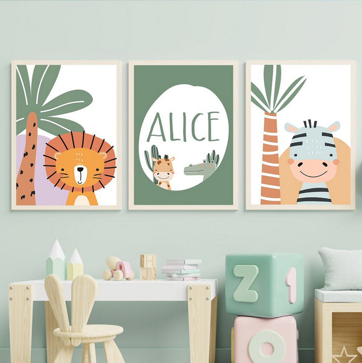Room Children\'s Canvas Poster Traumpreisfabrik - Giraf / Lion, Zebra, TPFLiving Picture –