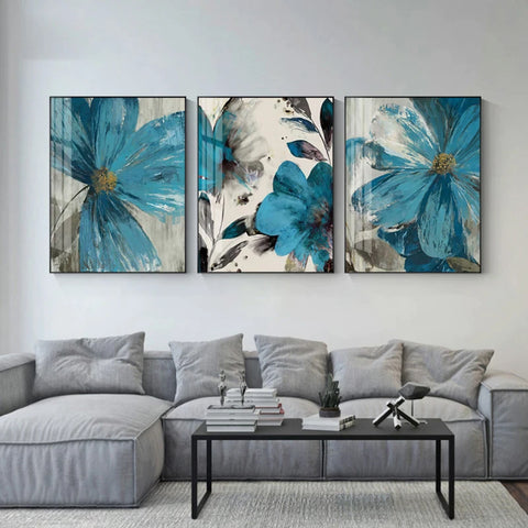 TPFLiving Luxus Poster Leinwand / Blumen in Blau / 3 Motive in 17 verschiedene Größen - OHNE Rahmen - Modell TPFL-LW-36-M3PCS Set