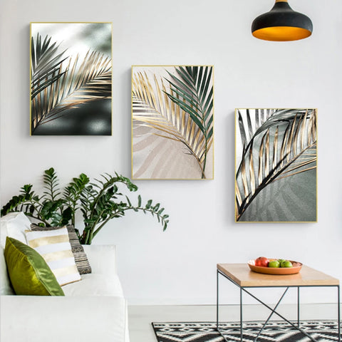 TPFLiving Luxus Poster Leinwand - Goldene Blätter - Beige, Grau, Grün, Gold - 15 verschiedene Größen - OHNE Rahmen - Modell C