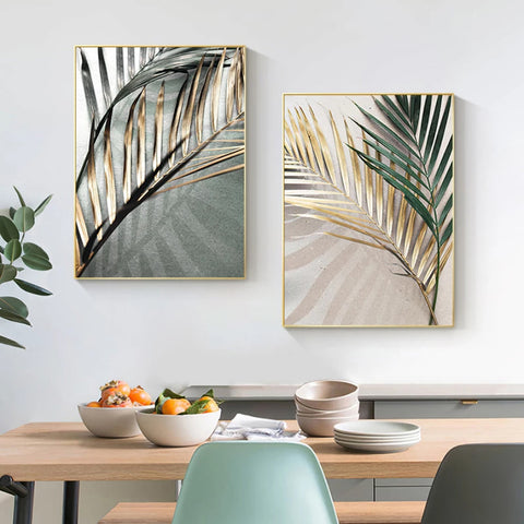 TPFLiving Luxus Poster Leinwand - Goldene Blätter - Beige, Grau, Grün, Gold - 15 verschiedene Größen - OHNE Rahmen - Modell C