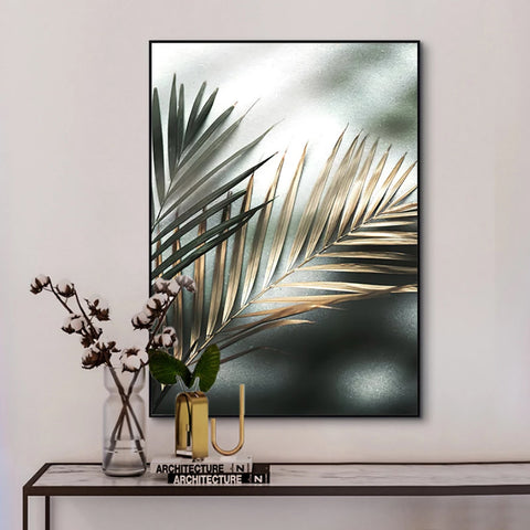TPFLiving Luxus Poster Leinwand - Goldene Blätter - Beige, Grau, Grün, Gold - 15 verschiedene Größen - OHNE Rahmen - Modell B