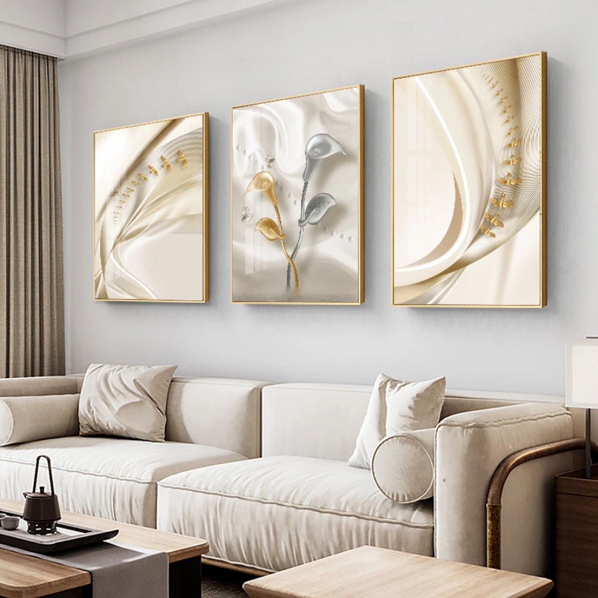 TPFLiving Luxus Poster Leinwand -Abstrakte Strukturen - Beige, Weiß, Gold - 13 verschiedene Größen - Günstiges 3-er Set OHNE Rahmen - SET