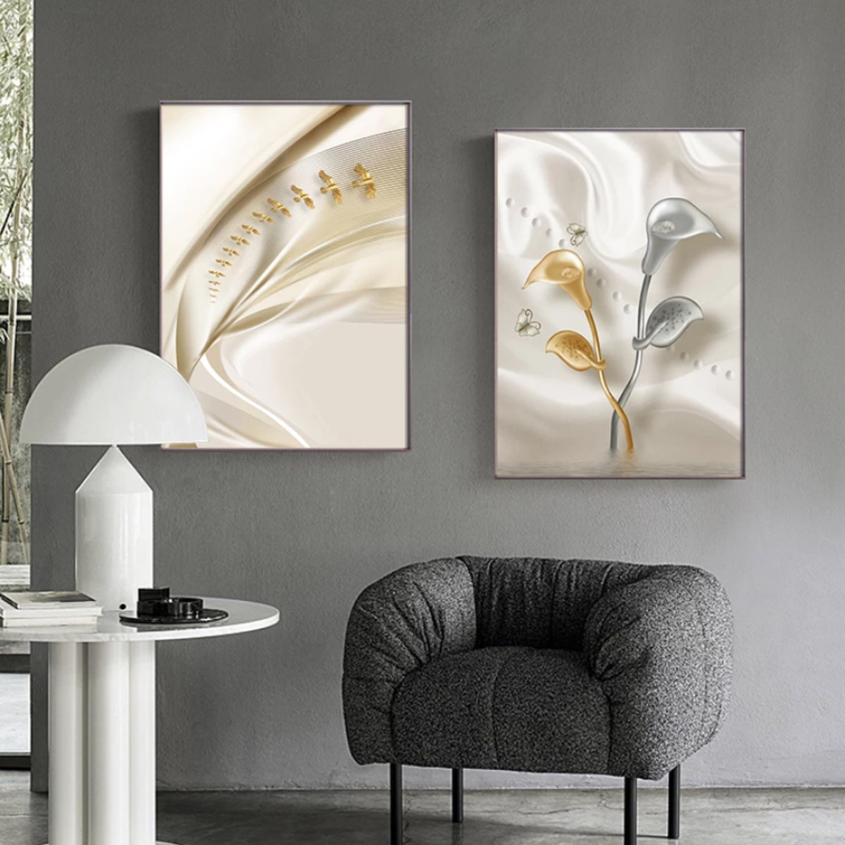TPFLiving Luxus Poster Leinwand -Abstrakte Strukturen - Beige, Weiß, Gold - 13 verschiedene Größen - Günstiges 3-er Set OHNE Rahmen - SET