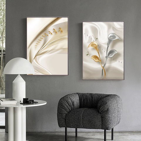 TPFLiving Luxus Poster Leinwand -Abstrakte Strukturen - Beige, Weiß, Gold - 13 verschiedene Größen - Günstiges 3-er Set OHNE Rahmen - SET