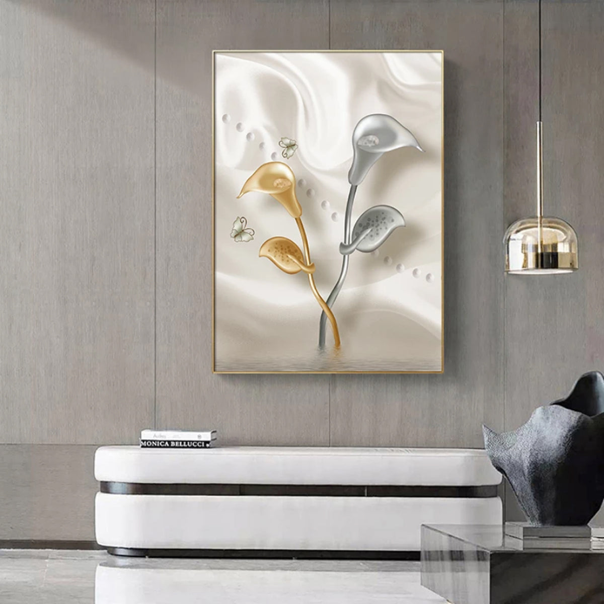TPFLiving Luxus Poster Leinwand -Abstrakte Strukturen - Beige, Weiß, Gold - 13 verschiedene Größen - Günstiges 3-er Set OHNE Rahmen - SET
