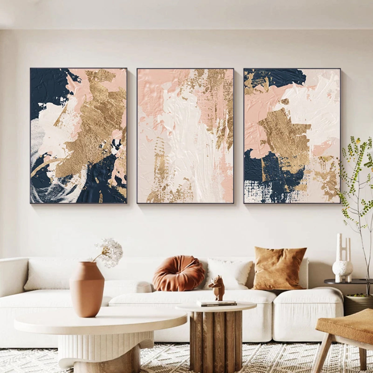 TPFLiving Luxus Poster Leinwand / Abstrakte Malerei in Rosa, Beige, Gold, Schwarz / 3 Motive in 7 verschiedene Größen - OHNE Rahmen - Modell TPFL-LW-41-MOT670-3