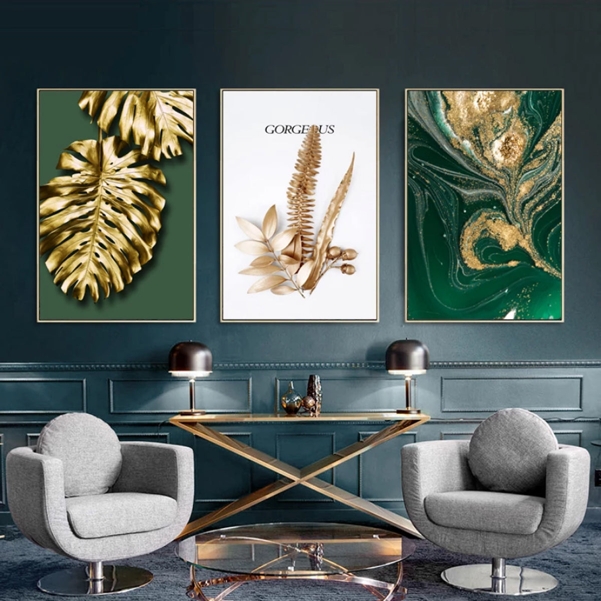 TPFLiving Luxus Poster Leinwand - Goldene Blätter auf grünem und weißem Hintergrund - 7 verschiedene Größen - Günstiges 3-er Set OHNE Rahmen - Modell A