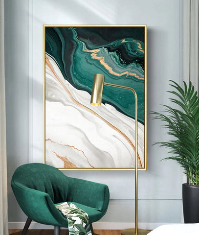 TPFLiving Leinwandbild Kunstdruck - Nordic Art Abstrakte Linien und Formen in Grün, Gold und Weis - OHNE Rahmen - Bilder Wohnzimmer - Modell TPFL-LW-43-MA
