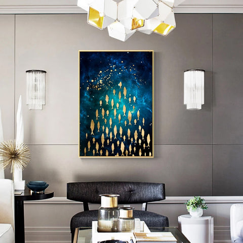 TPFLiving Luxus Poster Leinwand - Goldene Fische und Schmetterlinge auf blauem Hintergrund - 7 verschiedene Größen - Günstiges 3-er Set OHNE Rahmen - SET