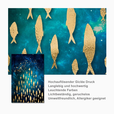 TPFLiving Luxus Poster Leinwand - Goldene Fische und Schmetterlinge auf blauem Hintergrund - 7 verschiedene Größen - Günstiges 3-er Set OHNE Rahmen - SET