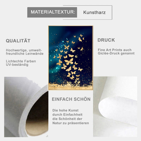 TPFLiving Luxus Poster Leinwand - Goldene Fische und Schmetterlinge auf blauem Hintergrund - 7 verschiedene Größen - Günstiges 3-er Set OHNE Rahmen - Modell C