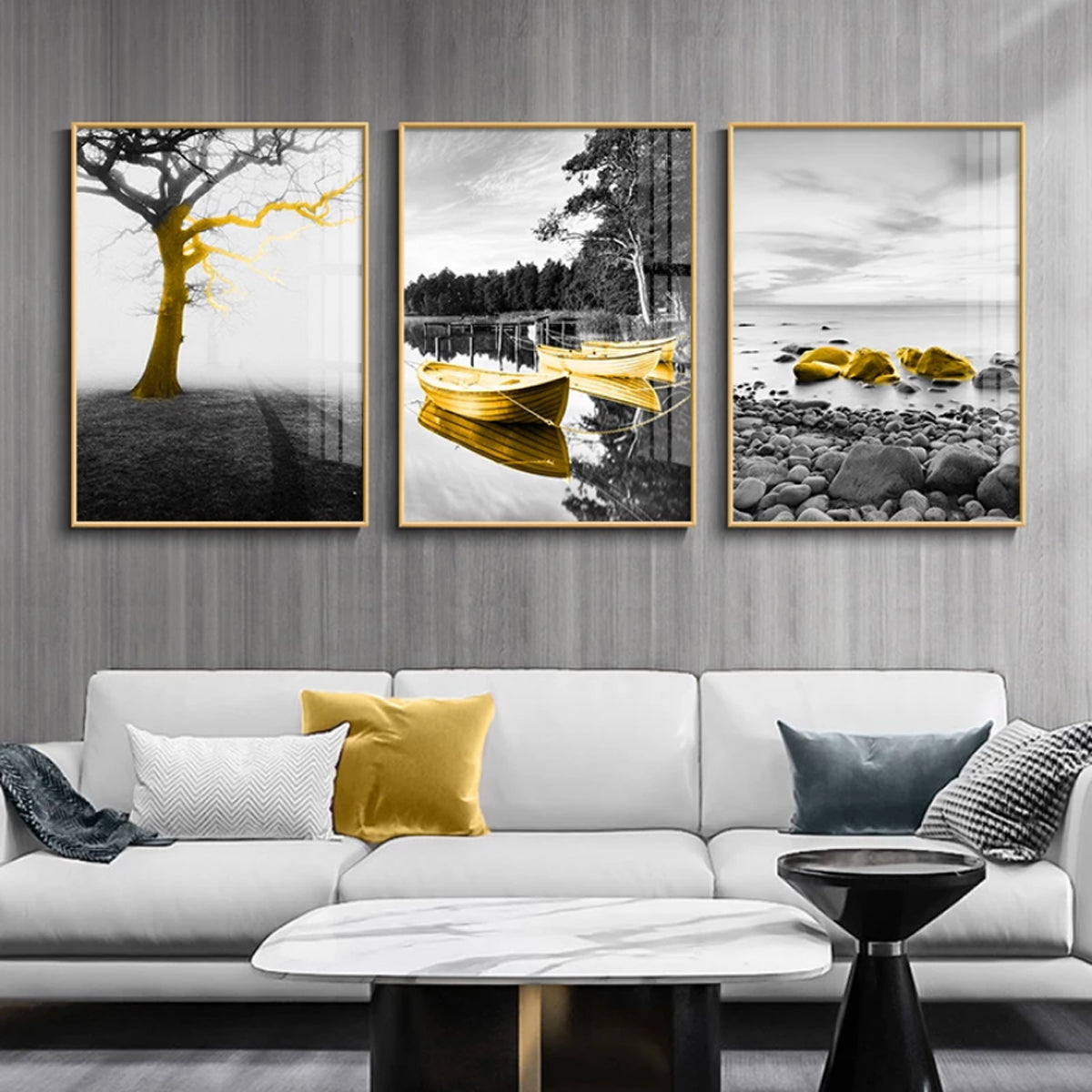 TPFLiving Luxus Poster Leinwand - Gelbe Boote auf grauem Hintergrund - 7 verschiedene Größen - Günstiges 3-er Set OHNE Rahmen - SET