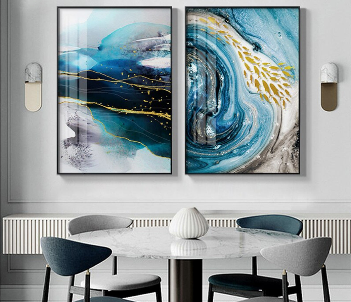 TPFLiving Leinwandbild Kunstdruck - Nordic Art Abstrakte Marmor Struktur in gold, weis und blau - OHNE Rahmen - Bilder Wohnzimmer - Modell TPFL-LW-52-MB