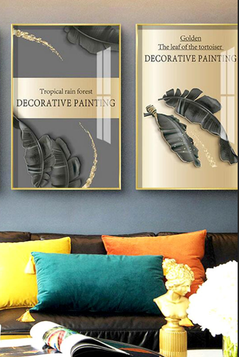 TPFLiving Leinwandbild Kunstdruck - Nordic Art Goldene Blätter und Federn auf schwarzem Hintergrund - OHNE Rahmen - Bilder Wohnzimmer- Modell B