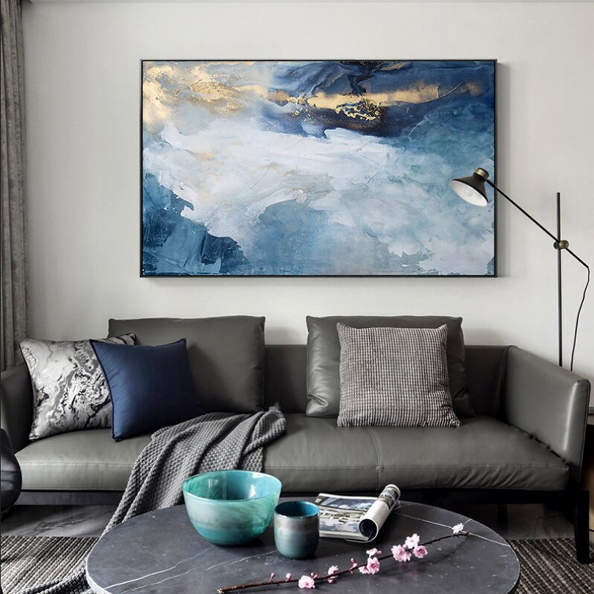 TPFLiving Leinwandbild Kunstdruck - Nordic Art Abstrakte Motive in Gold, Blau und Weiß - OHNE Rahmen - Bilder Wohnzimmer - Modell TPFL-LW-60-ME
