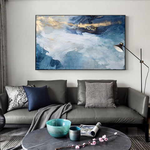 TPFLiving Leinwandbild Kunstdruck - Nordic Art Abstrakte Motive in Gold, Blau und Weiß - OHNE Rahmen - Bilder Wohnzimmer - Modell TPFL-LW-60-ME