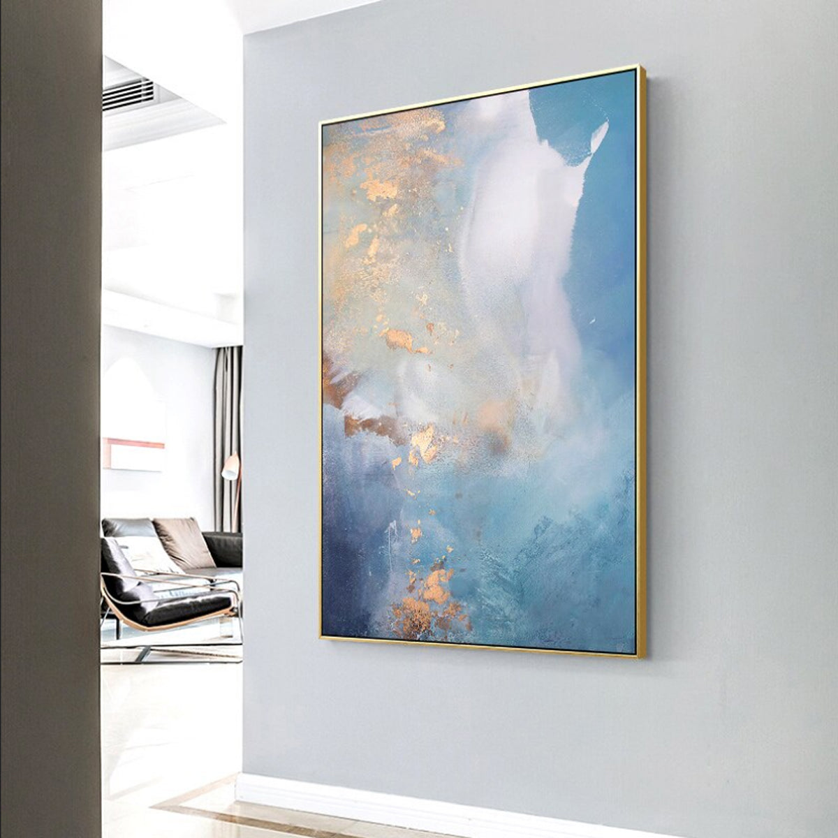 TPFLiving Leinwandbild Kunstdruck - Nordic Art Abstrakte Motive in Gold, Blau und Weiß - OHNE Rahmen - Bilder Wohnzimmer - Modell TPFL-LW-60-ME