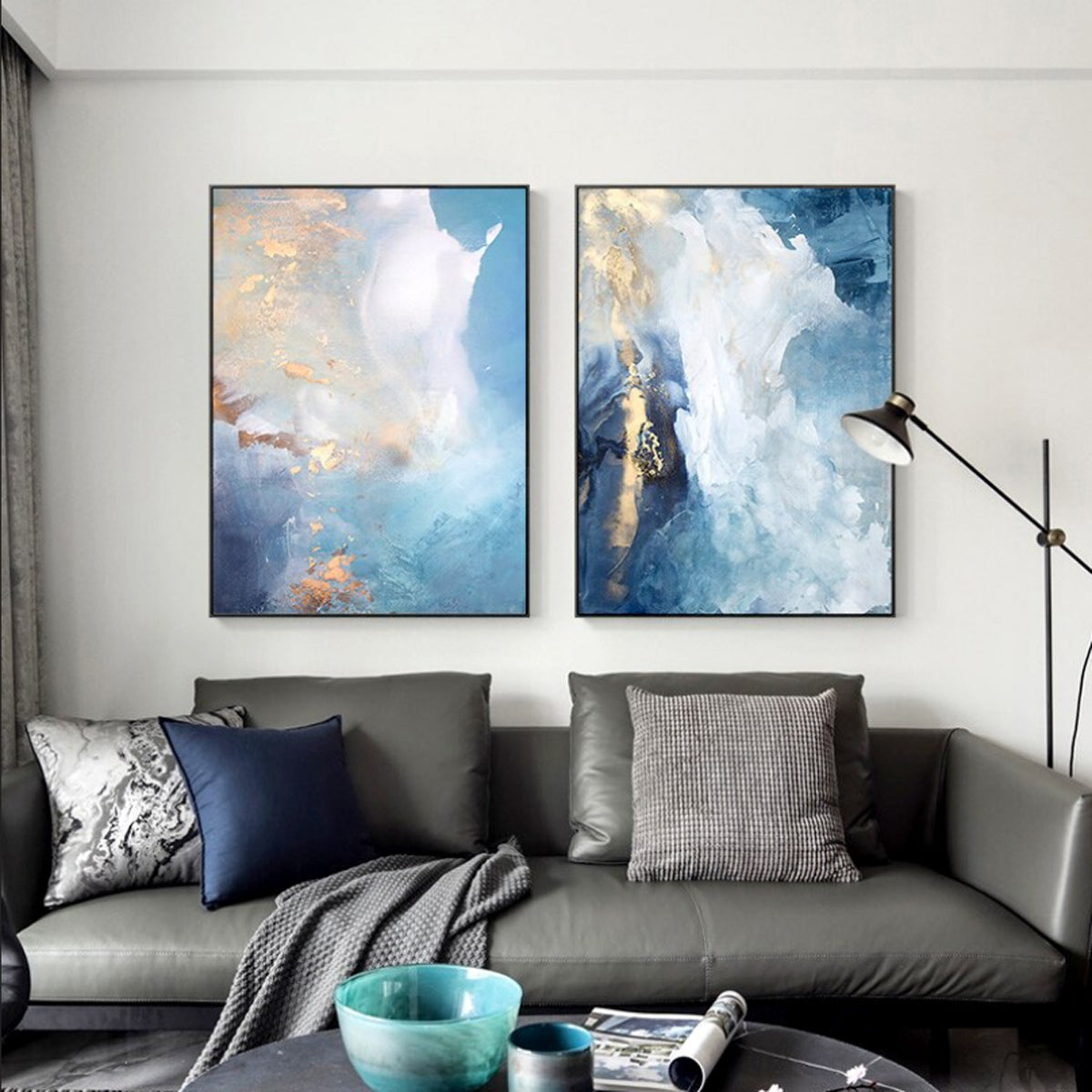 TPFLiving Leinwandbild Kunstdruck - Nordic Art Abstrakte Motive in Gold, Blau und Weiß - OHNE Rahmen - Bilder Wohnzimmer - Modell TPFL-LW-60-ME