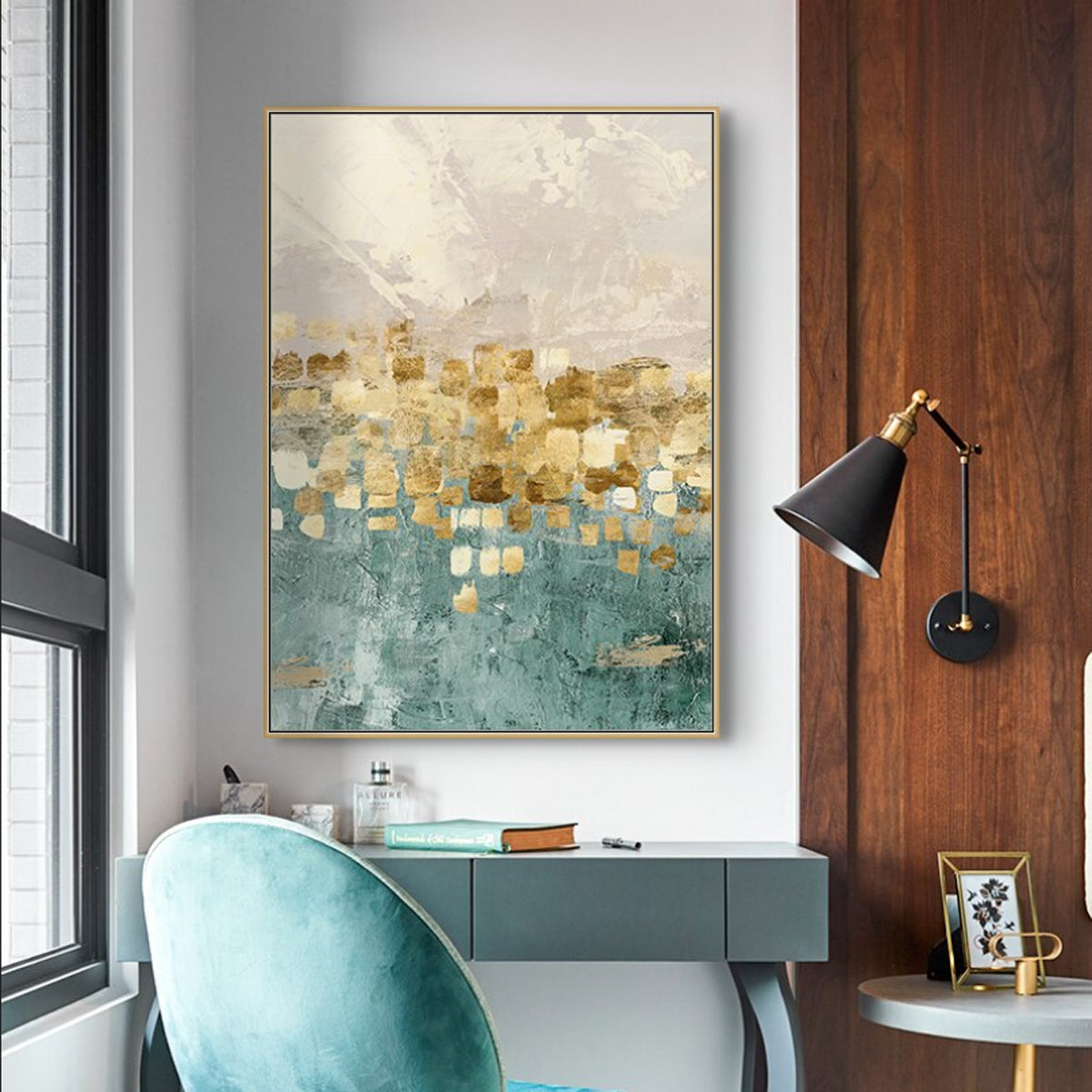 TPFLiving Leinwandbild Kunstdruck - Nordic Art Abstrakte Motive in Gold, Grün und Beige - OHNE Rahmen - Bilder Wohnzimmer - Modell TPFL-LW-61-MA