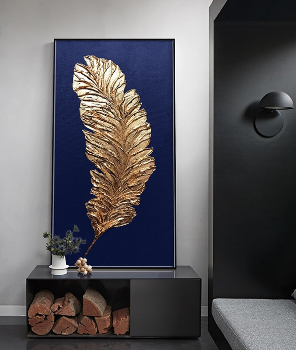 TPFLiving Leinwandbild Kunstdruck - Nordic Art Goldene Feder auf blauem oder grauem Hintergrund - OHNE Rahmen - Bilder Wohnzimmer - Modell TPFL-LW-68-MB