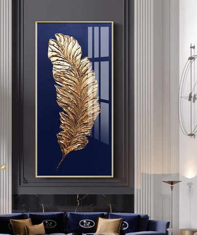 TPFLiving Leinwandbild Kunstdruck - Nordic Art Goldene Feder auf blauem oder grauem Hintergrund - OHNE Rahmen - Bilder Wohnzimmer - Modell TPFL-LW-68-MB