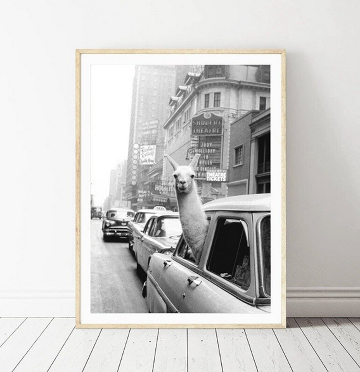 TPFLiving Poster Leinwand / Lustiges Lama in New Yorker Taxi in schwarz und weiß / Motiv in verschiedenen Größen - OHNE Rahmen - Modell FB038