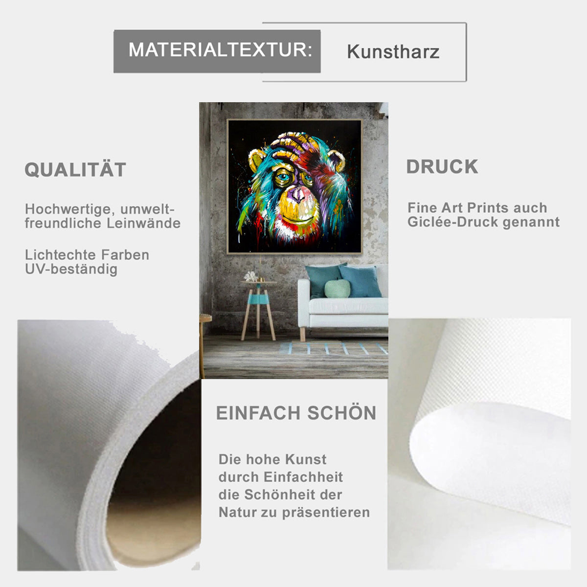 TPFLiving Poster Leinwand / Grafitti Art - Bunter, denkender Affe / Verschiedene Größen - OHNE Rahmen - Modell FB356