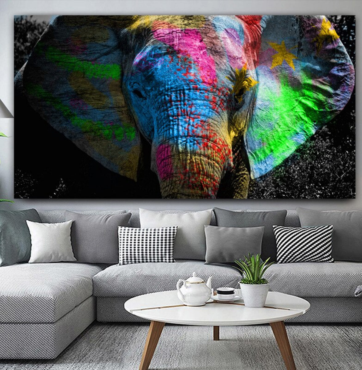 TPFLiving Poster Leinwand / Grafitti Art - Bunter Elefant / Verschiedene Größen - OHNE Rahmen - Modell FB022