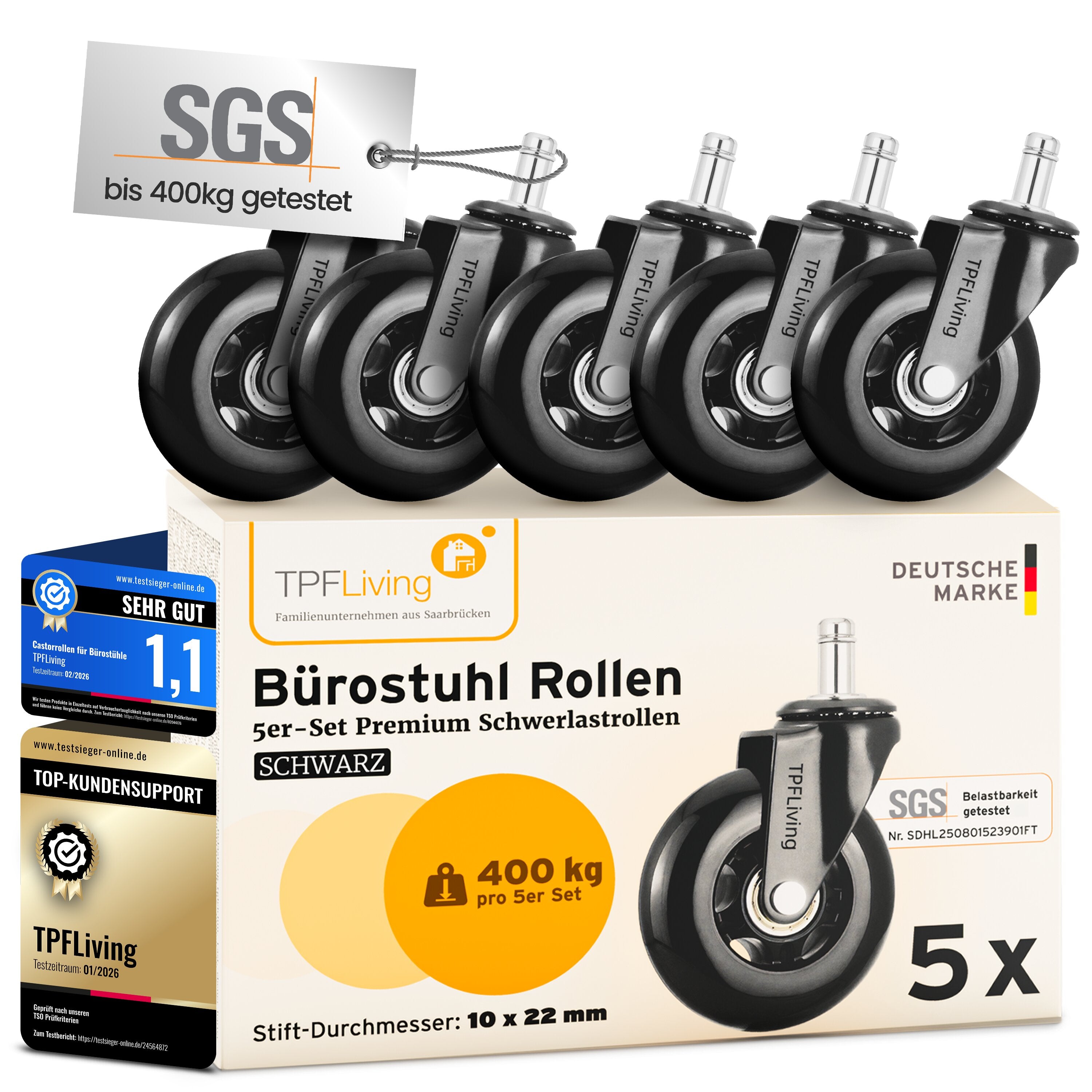 TPFLiving Premium Bürostuhlrollen INVICTUS PROGLIDE – Ersatzrollen für Bürostuhl (5er Set)