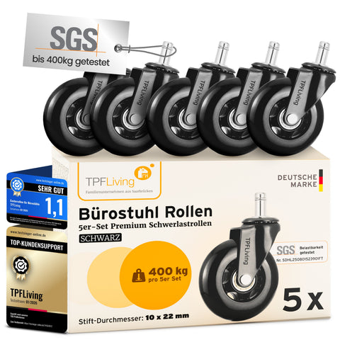 TPFLiving Premium Bürostuhlrollen INVICTUS PROGLIDE – Ersatzrollen für Bürostuhl (5er Set)