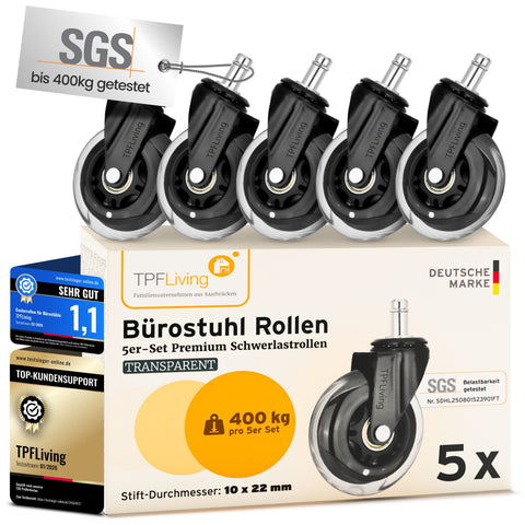 TPFLiving Premium Bürostuhlrollen INVICTUS PROGLIDE – Ersatzrollen für Bürostuhl (5er Set)